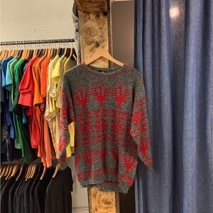 Vintage Men’s Gray and Red Patterned Sweater